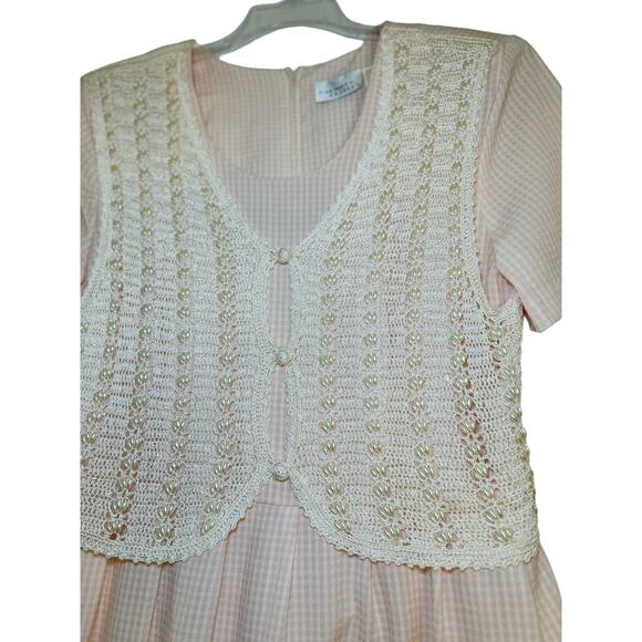 80s Vintage Cottage Core Midi Dress Crochet Vest Pastel Pink Gingham Prairie - Picture 3 of 10